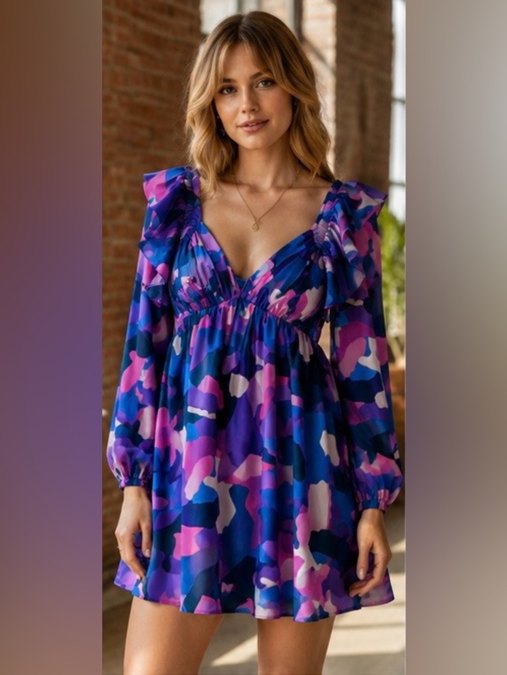 Peach Love California Vibrant Camo Long Sleeve Dress - Picture 1 of 5